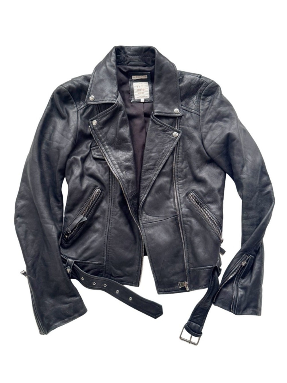 Zara trf Black Leather Moto Jacket Classic Biker Style Sz S